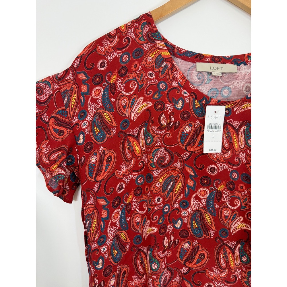 New! LOFT Top Womens S Paisley Mixed Media Red Boho Hi-Low Short Sleeve Blouse